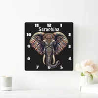 Floral dawn elephant art square wall clock