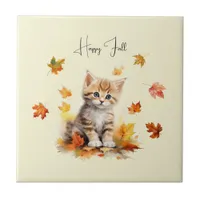 Cute Orange Tabby Kitten in Fall Leaves Ceramic Tile