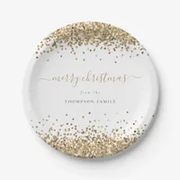 Elegant Gold Glitter Borders Name Merry Christmas Paper Plates