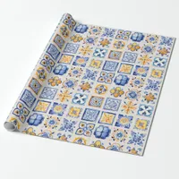 Blue White Yellow Tiles Pattern Summer Aesthetic  Wrapping Paper