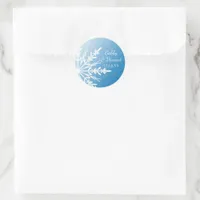 White Snowflake on Blue Winter Wedding Classic Round Sticker
