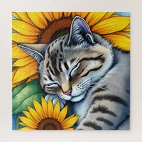 Sweet Napping Gray Cat and Sunflower Jigsaw Puzzle