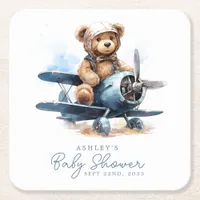 Teddy Bear Airplane Watercolor Boy Baby Shower Square Paper Coaster