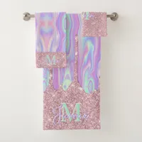 Monogram Metallic Rose Gold Glitter & Iridescent Bath Towel Set