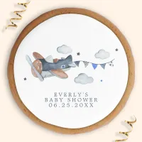 Vintage Airplane Clouds Watercolor Baby Shower Sugar Cookie