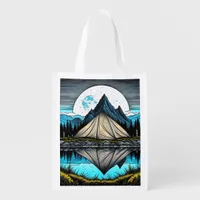 Reflection of a Tent on the Lake in the Mountains Grocery Bag