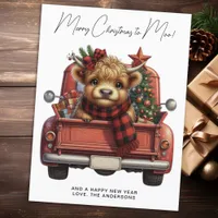 Highland Cow Vintage Red Truck Merry Christmas Postcard