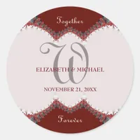 Red & White Lace Monogram Wedding Classic Round Sticker