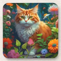 Cute Orange Cat in Flowers  Beverage Coaster