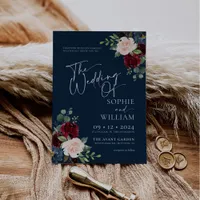 Navy Floral Burgundy and Blush Wedding Invitation