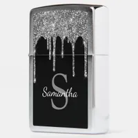 Silver Glitter Sparkle Drips Black Monogram Zippo Lighter