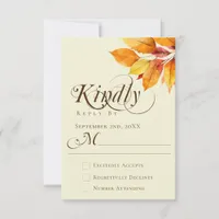 Elegant Calligraphy Watercolor Fall Leaves Wedding RSVP Card