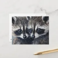 Cute Adorable Baby Raccoons AI Painting Postcard