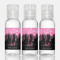 Monogram Hot Pink Glitter Drip on Black Travel Sz Hand Sanitizer