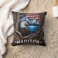 Eagle Nestled Amidst Mountains and American Flag Throw Pillow