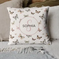 Cute Baby Girl Custom Monogram Butterfly Pattern Throw Pillow