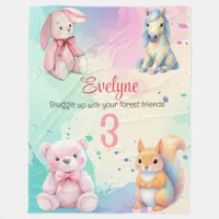 Woodland Animal Friends Watercolor Birth Details Fleece Blanket