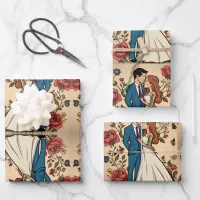 Adorable wedding couple in love wrapping paper sheets