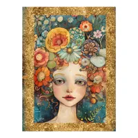 *~  AP95 Whimsical Woman Flowers Gold  Glitter art Photo Print
