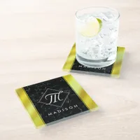Elegant Black Marble & Gold / Brass Foil Monogram Glass Coaster