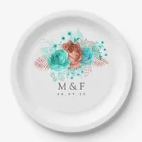 Turquoise and Coral Tropical Floral Wedding Paper Plates