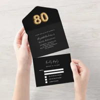 80th birthday black gold rsvp all in one invitation