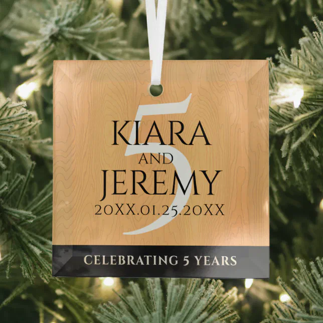 Elegant 5th Wood Wedding Anniversary Celebration Glass Ornament