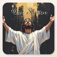Jesus Christ Our Savior | Black and Gold Square Paper Coaster