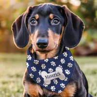 Navy And White Paw Print Dog Bone Custom Name Pet Bandana Collar