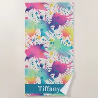 Pastel Rainbow Paint Splatter Beach Towel