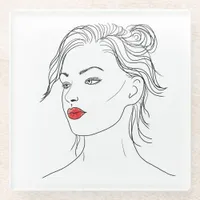 Line Art | Woman in Red Lipstick  Glass Coaster
