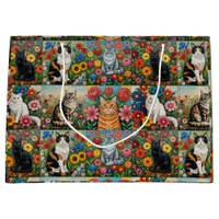 Cute Whimsical Cats and Folk Art Flowers Large Gift Bag