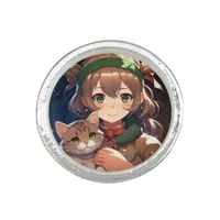 Cute Anime Girl Holding a Kitten  Ring