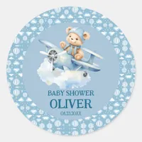 Cute Bear Blue Plane Time Flies One 1st Birthday Classic Round Sticker