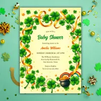 Green Lucky Shamrock St Patricks Day Baby Shower Invitation