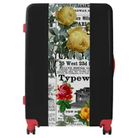 * AR23 Roses Floral Flower Vintage Newsprint Black Luggage