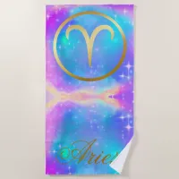 Zodiac Sign Aries Gold on Colorful Background | Beach Towel