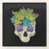 Skull with Crystals and Succulents Glass Coaster