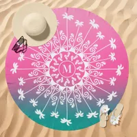 Palm Tree Gradient Mandala Monogram Pink and Teal Beach Towel