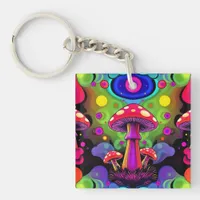 Psychedelic Vibrant Colorful Retro Mushrooms Keychain