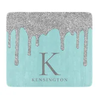 Chic Teal Silver Sparkle Glitter Drips Monogram Cutting Board