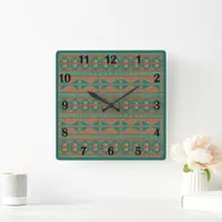 Southwestern Copper Teal Geometric Regular Numbers Square Wall Clock