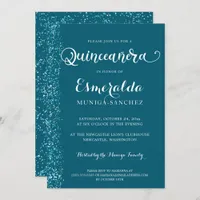 Modern Teal Blue Silver Sparkle Quinceanera Invitation
