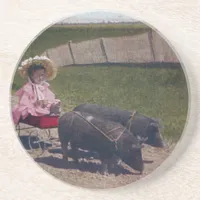 Vintage Girl and Her Pet Pigs Sandstone Coaster
