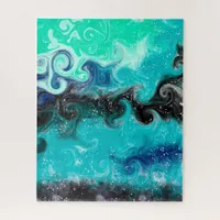 Teal, Blue and Black Fluid Art Marble Swirls   Jigsaw Puzzle