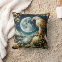 Eagle Perched on Branch Under Full Moon Throw Pillow