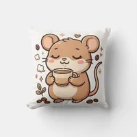 Cute Mouse Sipping Coffee Throw Pillow