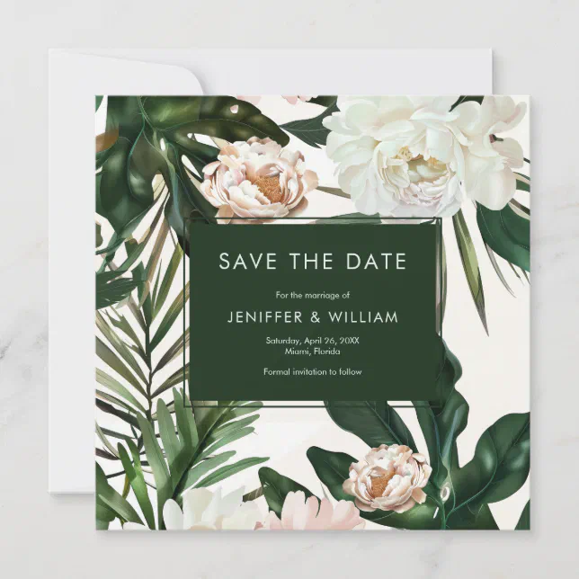 Peach White Peonies & Green Leaves Floral Wedding Save The Date