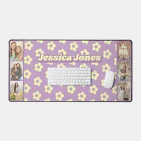 Pastel Purple Yellow Cute Daisy Name Photo Collage Desk Mat