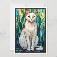 Stained Glass Style White Cat with Green Eyes Card